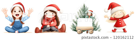 Four cheerful children in holiday attire, including Santa hats, showcase festive joy with gifts and a Christmas tree. 120162112