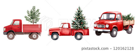 Three vintage red trucks carry Christmas trees, showcasing holiday spirit and nostalgia. Three vintage red trucks carry Christmas trees, showcasing holiday spirit and nostalgia. 120162128