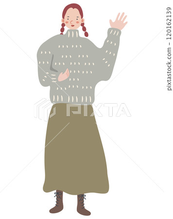 Full-body illustration of a young woman wearing a waving sweater Full-body illustration of a young woman wearing a waving sweater 120162139