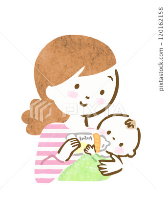 Hand-drawn illustration of a mother feeding her baby 120162158