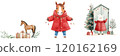 A whimsical horse character wearing a red coat stands next to a gift box and a festive backdrop featuring a tree and a small cabin. 120162169