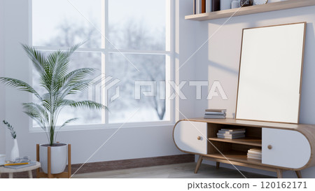 A picture frame mockup on a minimal wooden cabinet in a minimalist living room. A picture frame mockup on a minimal wooden cabinet in a minimalist living room. 120162171