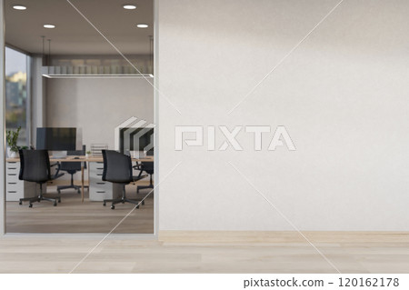 The interior design of a modern, minimalist office corridor features a blank white wall. 120162178