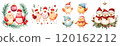 Colorful, festive birds wearing winter hats and Santa hats, surrounded by holiday decorations. 120162212