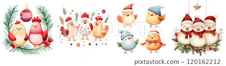 Colorful, festive birds wearing winter hats and Santa hats, surrounded by holiday decorations. Colorful, festive birds wearing winter hats and Santa hats, surrounded by holiday decorations. 120162212