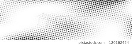 Grunge halftone background. Faded grit noise gradient texture. Black and white sand wallpaper. Wide retro pixelated backdrop. Anime or manga comic style overlay. Halftone gritty frame. Vector 120162434