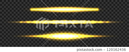 Glowing yellow neon tube lamp set. Led light line beam collection. Bright luminous fluorescent bar stick lines. Shining warm color strip element pack to divide, separate, decorate. Vector illustration 120162436