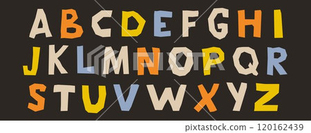 Paper cut out alphabet collection. Colorful capital letter collage set. Craft doodle kid font elements bundle for decoration, poster, banner, print. Ransom style uppercase abc pack. Vector Paper cut out alphabet collection. Colorful capital letter collage set. Craft doodle kid font elements bundle for decoration, poster, banner, print. Ransom style uppercase abc pack. Vector 120162439