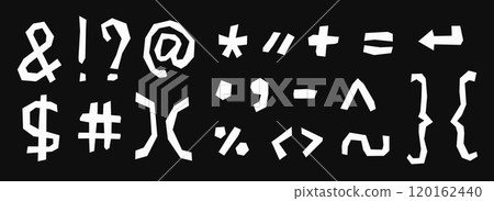 Paper cut out characters and signs collection. Punctuation mark collage set. Kid cut symbols, brackets, elements bundle for decoration, poster, banner, print. Ransom style pack. Vector Paper cut out characters and signs collection. Punctuation mark collage set. Kid cut symbols, brackets, elements bundle for decoration, poster, banner, print. Ransom style pack. Vector 120162440