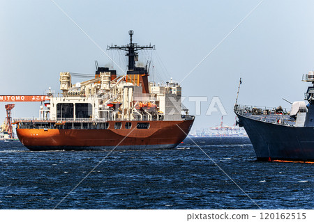 The Japan Maritime Self-Defense Force icebreaker Shirase departs from Yokosuka Base. 120162515