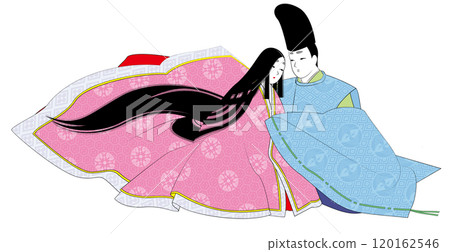 平安時代風格的男女相遇插圖。穿著日本傳統服裝「Karig」的男性和穿著「Kari」的女性 平安時代風格的男女相遇插圖。穿著日本傳統服裝「Karig」的男性和穿著「Kari」的女性 120162546