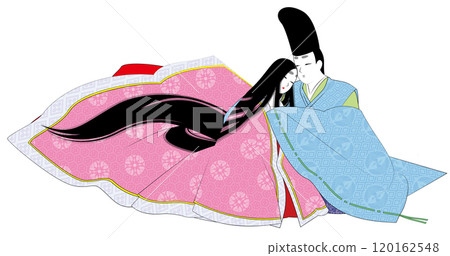 Illustration of a Heian-style man and woman meeting. The man is wearing the traditional Japanese costume "kariginu" and the woman is wearing "uchiki". Illustration of a Heian-style man and woman meeting. The man is wearing the traditional Japanese costume "kariginu" and the woman is wearing "uchiki". 120162548