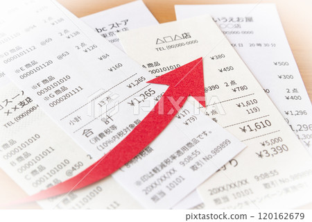 Rising arrow and receipt price increase consumption tax household finances 120162679