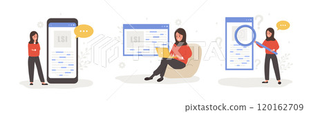 Lsi keyword. Latent Semantic Indexing. Key phrases generator. Set of Vector illustrations in cartoon style. Arabian female characters are engaged and word search optimization. Lsi keyword. Latent Semantic Indexing. Key phrases generator. Set of Vector illustrations in cartoon style. Arabian female characters are engaged and word search optimization. 120162709