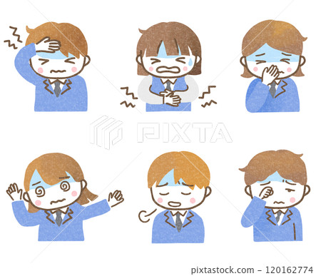 Set of children in uniforms feeling unwell 120162774