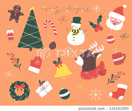 Festive Christmas symbols in a cheerful layout. Vector illustration 120162905
