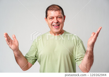 Cheerful man in a green shirt expressing happiness with open hands against a plain background Cheerful man in a green shirt expressing happiness with open hands against a plain background 120162944