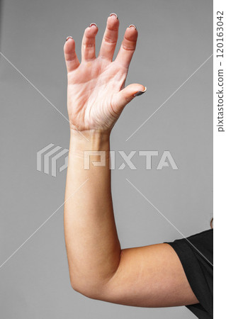 A raised hand demonstrating a gesture of greeting with a neutral background 120163042