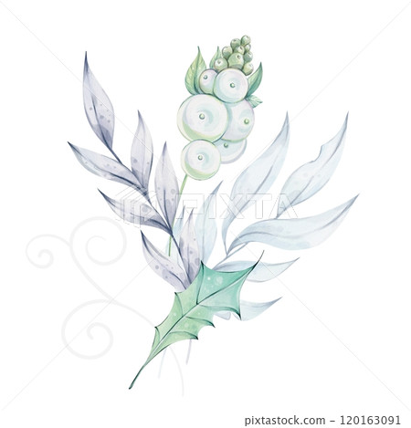 Christmas watercolor bouquet with holly green leaves and snowberry. Winter composition, decor. Illustration hand drawn for design, printing, greeting cards Christmas watercolor bouquet with holly green leaves and snowberry. Winter composition, decor. Illustration hand drawn for design, printing, greeting cards 120163091