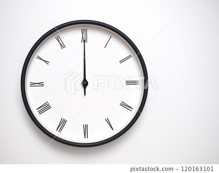Clock Showing 12.00 or 00.00 or 24.00 with Roman Numerals. Simple Round Clock for Concepts of Time Management and Scheduling. Clock Showing 12.00 or 00.00 or 24.00 with Roman Numerals. Simple Round Clock for Concepts of Time Management and Scheduling. 120163101