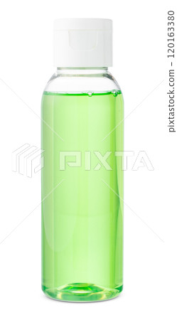 Clear plastic bottle filled with liquid, commonly used for skincare products Clear plastic bottle filled with liquid, commonly used for skincare products 120163380