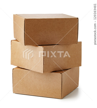 Stacked brown cardboard boxes in various sizes arranged on a white background 120163481