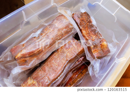 Authentic smoked meat is placed in vacuum sealer bag, method of preserving food quality as well as preventing spoilage 120163515