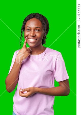Smiling young woman in a pink shirt pointing to her cheek against a bright green background Smiling young woman in a pink shirt pointing to her cheek against a bright green background 120163554