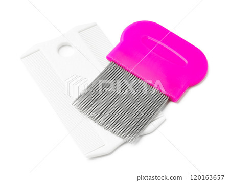 Colorful plastic and metal combs on a white background 120163657