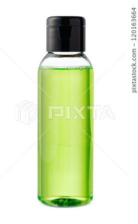 Clear plastic bottle filled with liquid, commonly used for skincare products Clear plastic bottle filled with liquid, commonly used for skincare products 120163664