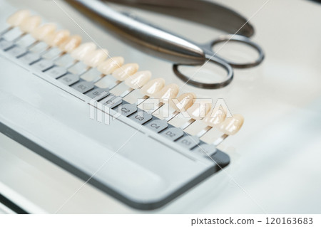 dental lab setup showcasing various shades of artificial teeth alongside dental tools dental lab setup showcasing various shades of artificial teeth alongside dental tools 120163683