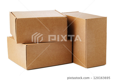 Stacked brown cardboard boxes in various sizes arranged on a white background Stacked brown cardboard boxes in various sizes arranged on a white background 120163695