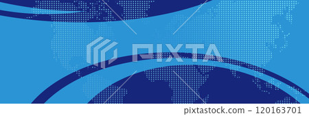 Blue freeform curve and stripe run across the square shape dotted world map background. Abstract technology background. 120163701