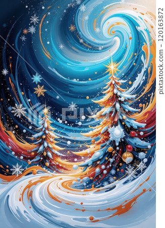 Abstract Christmas card: modern design with vibrant blue and gold winter night landscape, stylized trees and snowflakes. 120163872