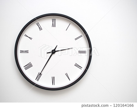 Clock Showing 14.35 or 02.35 with Roman Numerals. Simple Round Clock for Concepts of Time Management and Scheduling. Clock Showing 14.35 or 02.35 with Roman Numerals. Simple Round Clock for Concepts of Time Management and Scheduling. 120164166
