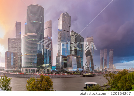 High buildings of Moscow-City at Moskva River at summer sunset, Russia. High buildings of Moscow-City at Moskva River at summer sunset, Russia. 120164267
