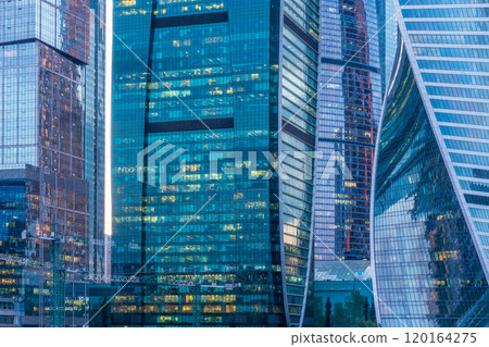 High buildings of Moscow-City at Moskva River at summer sunset, Russia. 120164275