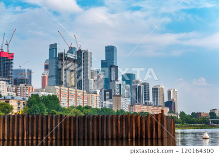 High buildings of Moscow-City, view from cruise ship and Moskva River at summer day, Russia. 120164300