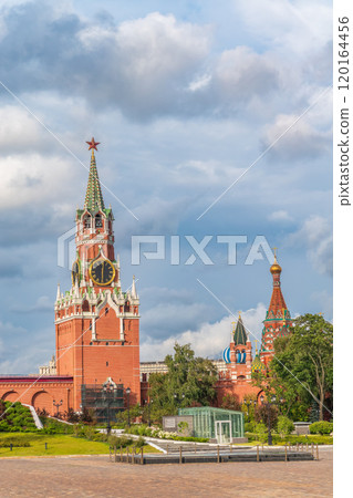 Spasskaya Tower viewed inside Kremlin, Moscow, Russia. 120164456
