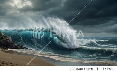 海嘯襲擊海岸的景象 120164680