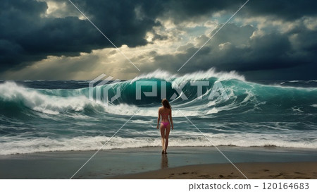 Scenery of a tsunami crashing on the coast 120164683