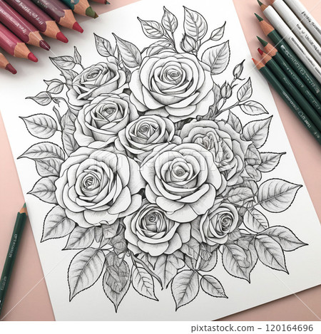 Rose adult coloring book and colored pencils 120164696