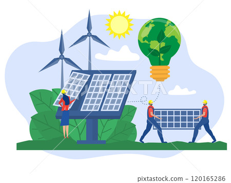 Solar Energy Concept,Worker Engineers Carrying A Solar Panel to installing sunny panel renewable electricity systems Modern Flat Design Vector Illustration. 120165286