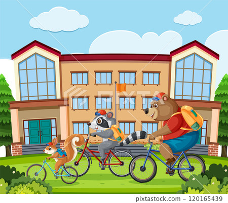 Animals Biking Together in Front of School 120165439