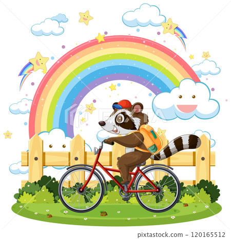 Raccoon Riding Bicycle Under Rainbow Raccoon Riding Bicycle Under Rainbow 120165512