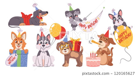 Cute dogs characters celebrating happy birthday party, sharing wishes, giving gifts, making surprise 120165627