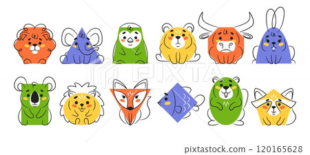 Cute geometric shapes and figures with funny animals faces and paw body parts isolated set Cute geometric shapes and figures with funny animals faces and paw body parts isolated set 120165628