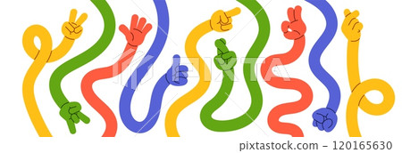 Comic flexible colorful long hands showing different gesture design elements in groovy hippie style 120165630