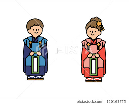 Shichigosan illustration of a boy and girl in kimono holding Chitose-ame Shichigosan illustration of a boy and girl in kimono holding Chitose-ame 120165755