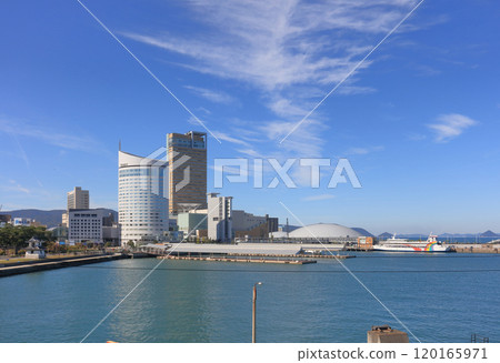 View of Anabuki Arena Kagawa (Kagawa Prefectural Arena), nearing completion at Sunport Takamatsu, from the east 120165971